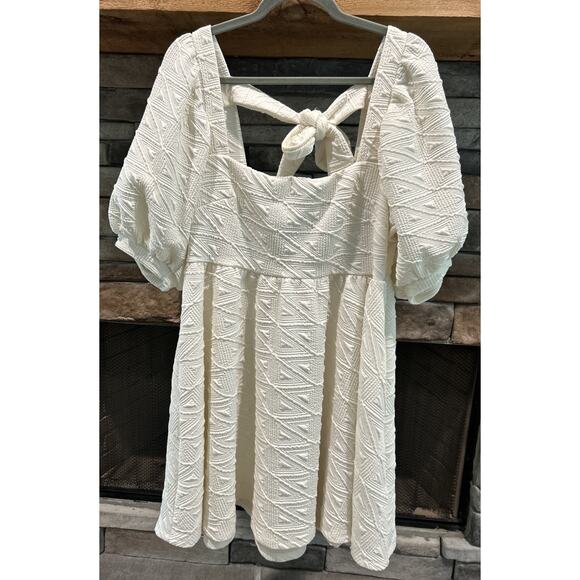 Women’s FREE PEOPLE Puff Sleeves Ivory Violet Mini square neck Dress Size L *C2 - Picture 1 of 6
